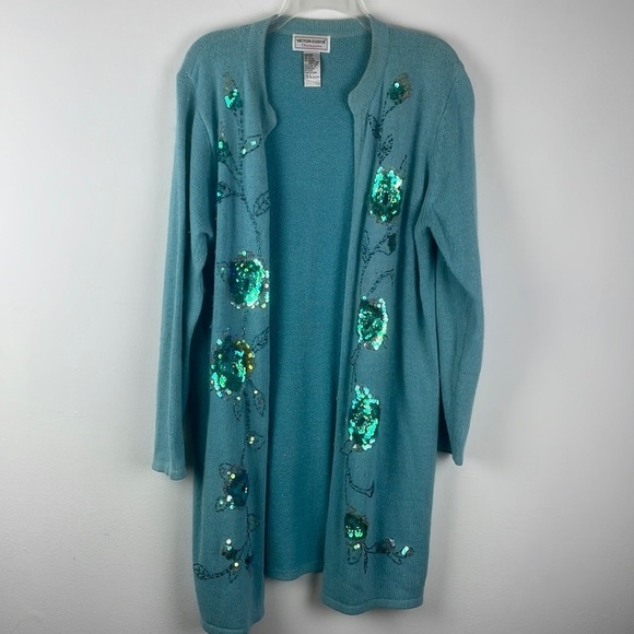 Victor Costa Sz L Silk, Angora Rabbit Hair, Long Line Blue Sequined Sweater - Picture 3 of 8